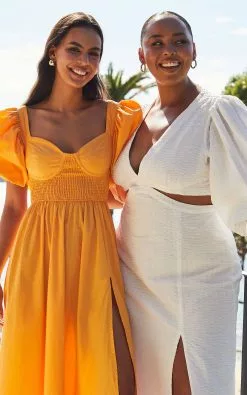 Showpo Raiza Maxi Dress - Shirred Waist Puff Sleeve Dress In MARIGOLD -Showpo Shop 02 0193