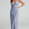 Showpo Cariela Plunge Neck Satin Maxi Dress In Pale Blue