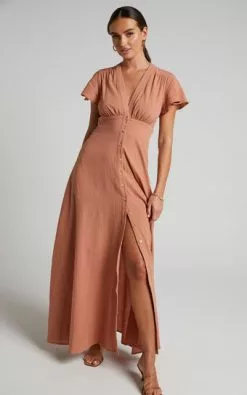 Showpo Elijah Empire Waist Button Down Maxi Dress In Rust