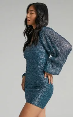 Showpo Jamil Balloon Sleeve Bodycon Mini Dress In Blue -Showpo Shop 3.Jamil Balloon Sleeve Bodycon Mini Dress in Blue 2528SD21120046032529 4