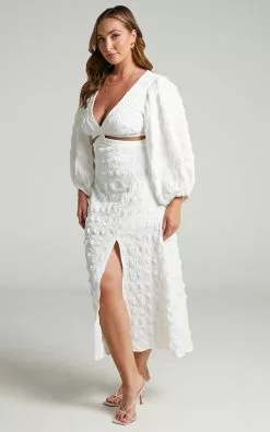 Showpo Tabatha Puff Sleeve Cut Out Midi Dress In White Check -Showpo Shop 3.Tabatha Dress in White 2528SD21020068042529 3