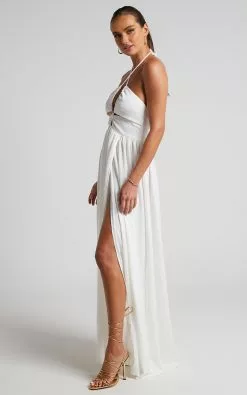 Showpo Isabeau Maxi Dress - High Slit Strappy Halter Dress In White -Showpo Shop 3 Isabeau High Slit Strappy Halter Maxi Dress in White 2528SD22090046022529 3