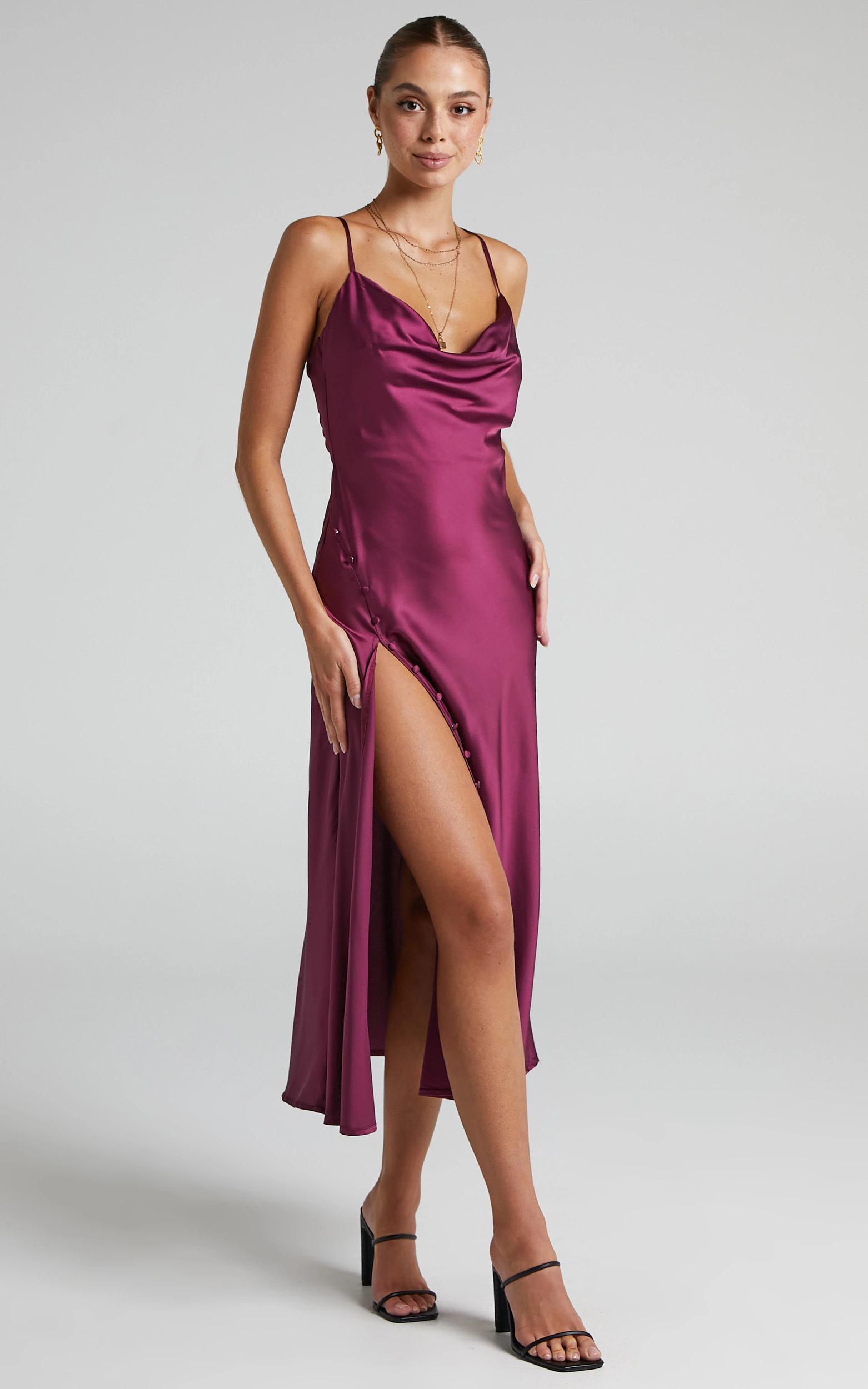 Showpo Flordeliza Midi Dress - Cowl Neck Thigh Slit Slip Dress In Magenta - Image 7