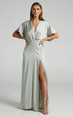 Showpo Azrael Maxi Dress - Angel Sleeve Thigh Split Plunge Neck Satin Dress In Sage