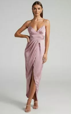 Showpo Azrael Maxi Dress - V Neck Satin Tulip Dress In Blush