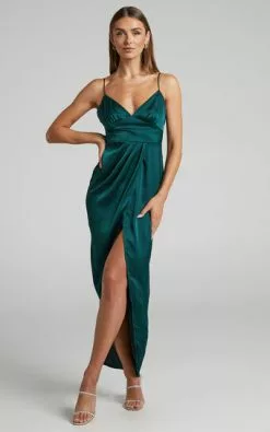 Showpo Azrael Maxi Dress - V Neck Satin Tulip Dress In Emerald