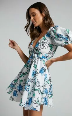 Showpo Alezia Mini Dress - Deep V Neck Puff Sleeve Dress In Brush Stroke Floral -Showpo Shop Alezia Mini Dress Deep V Neck Puff Sleeve Dress in Brush Stroke Floral 7