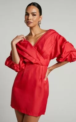 Showpo Anastasija Mini Dress - Off Shoulder V Neck Dress In Red