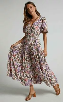 Showpo Annika Button Front V-Neck Short Sleeve Midi Dress In Pink And Purple Floral