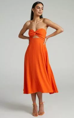 Showpo Avie Twist Strapless Cocktail Dress In Orange