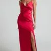 Showpo Bravia Chain Strap Open Back Satin Maxi Dress In Red