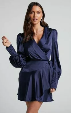 Showpo Breeana Wrap Mini Dress In Navy