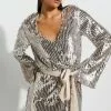 Showpo Shellanie Plunge Long Sleeve Mini Dress In Silver And Gold Sequin