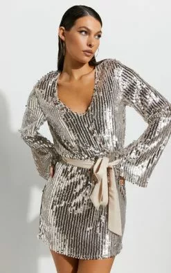 Showpo Shellanie Plunge Long Sleeve Mini Dress In Silver And Gold Sequin