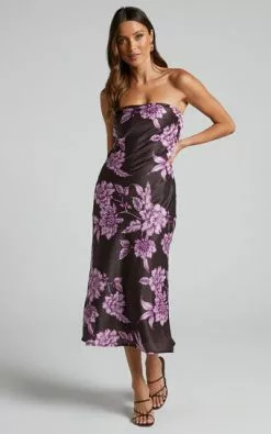 Showpo Charlita Midi Dress - Strapless Cowl Back Dress In Purple Floral