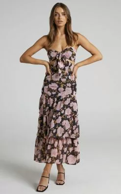 Showpo Cherrie Halter Neck Cut Out Tiered Midi Dress In Romantic Floral