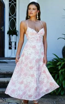 Showpo Ebielle Tie Up Back Slip Maxi Dress In Pastel Spring Floral