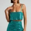 Showpo Elswyth Side Split Sequin Mini Skirt In Teal -Showpo Shop Elswyth Strappy Sequin Crop Top in Teal 1