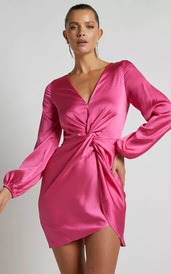 Showpo Everest Twist Front Relaxed Sleeve Mini Dress In Hot Pink