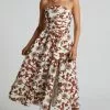 Showpo Evita Midi Dress - Ruched High Split Strapless Dress In Multi