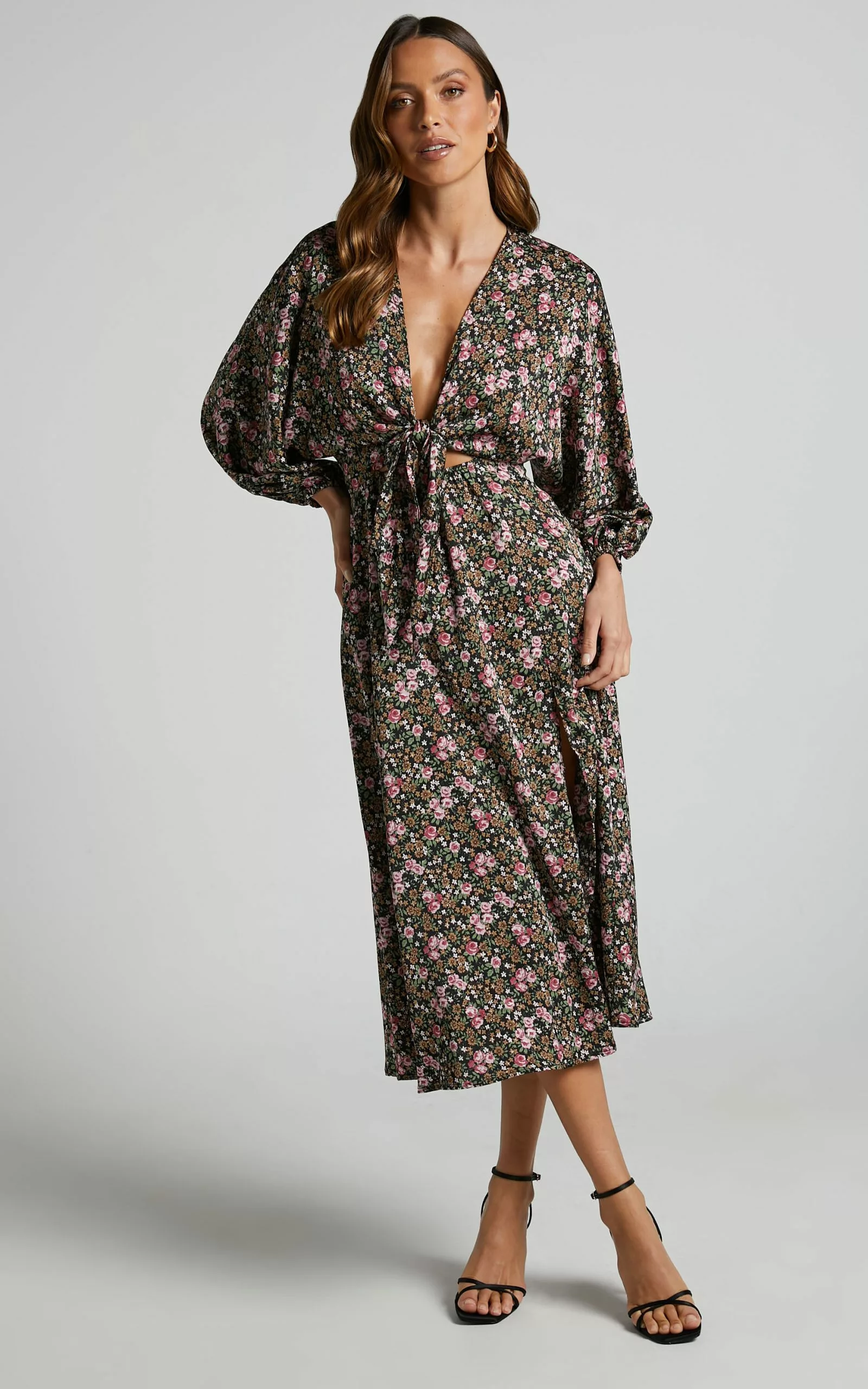 Showpo Fayette Long Sleeve Tie Front Thigh Slit Midi Dress In Black Floral 5 Showpo Fayette Long Sleeve Tie Front Thigh Slit Midi Dress In Black Floral - Image 3