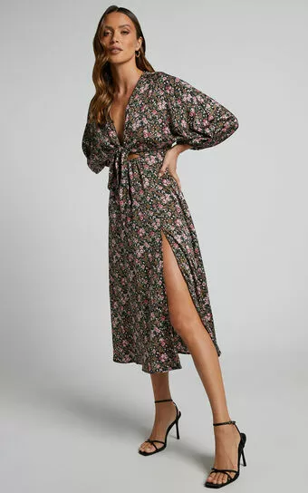 Showpo Fayette Long Sleeve Tie Front Thigh Slit Midi Dress In Black Floral 3 Showpo Fayette Long Sleeve Tie Front Thigh Slit Midi Dress In Black Floral