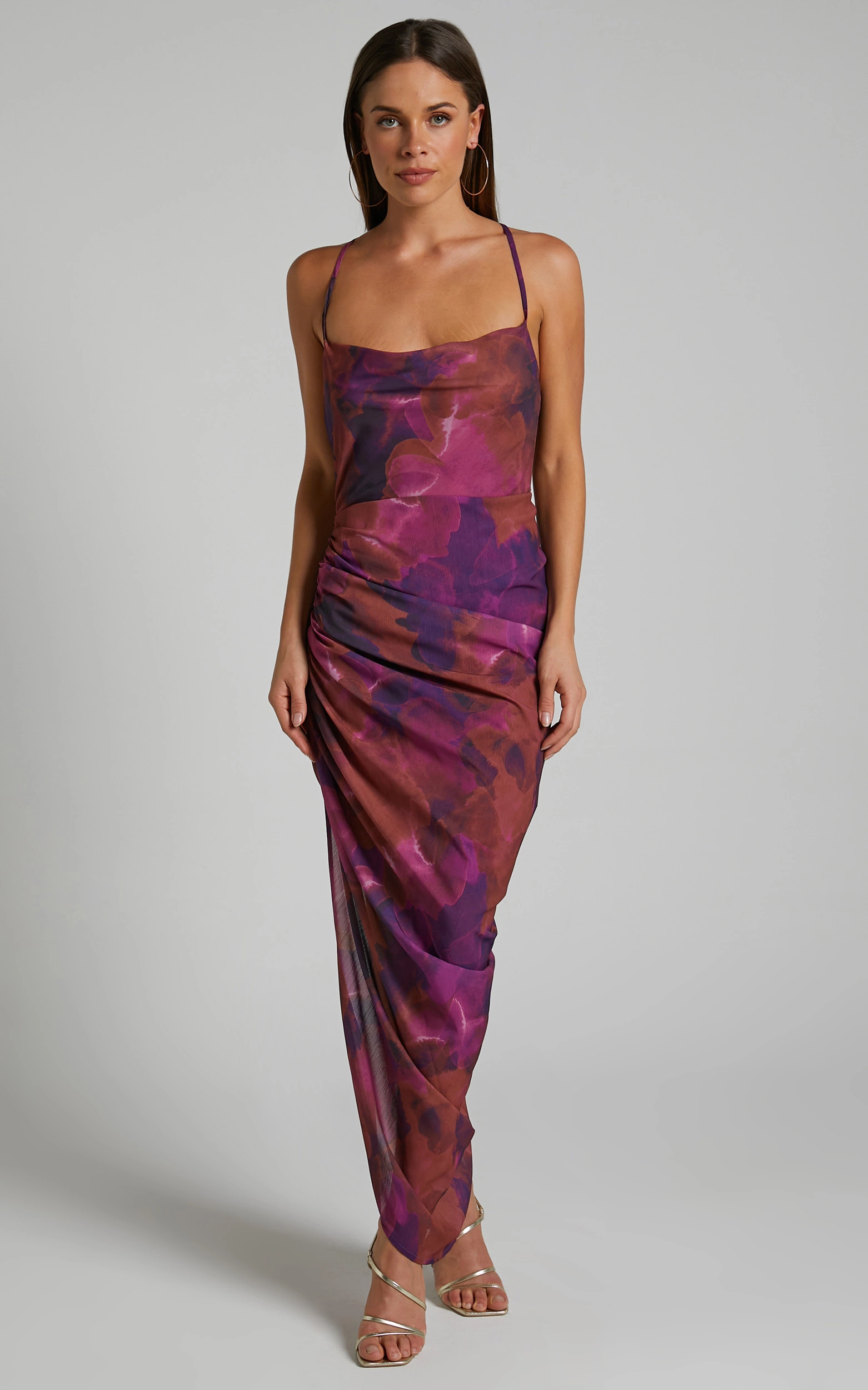 Showpo Hermae Ruched Side Split Tie Back Slip Midi Dress In Blurred Dreams - Image 9