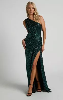 Showpo Jemmah One Shoulder Gathered Maxi Dress With Split In Emerald Sequin -Showpo Shop Jemmah One Shoulder Gathered Maxi Dress with Split in Emerald Sequin 1 1