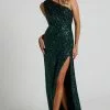 Showpo Jemmah One Shoulder Gathered Maxi Dress With Split In Emerald Sequin
