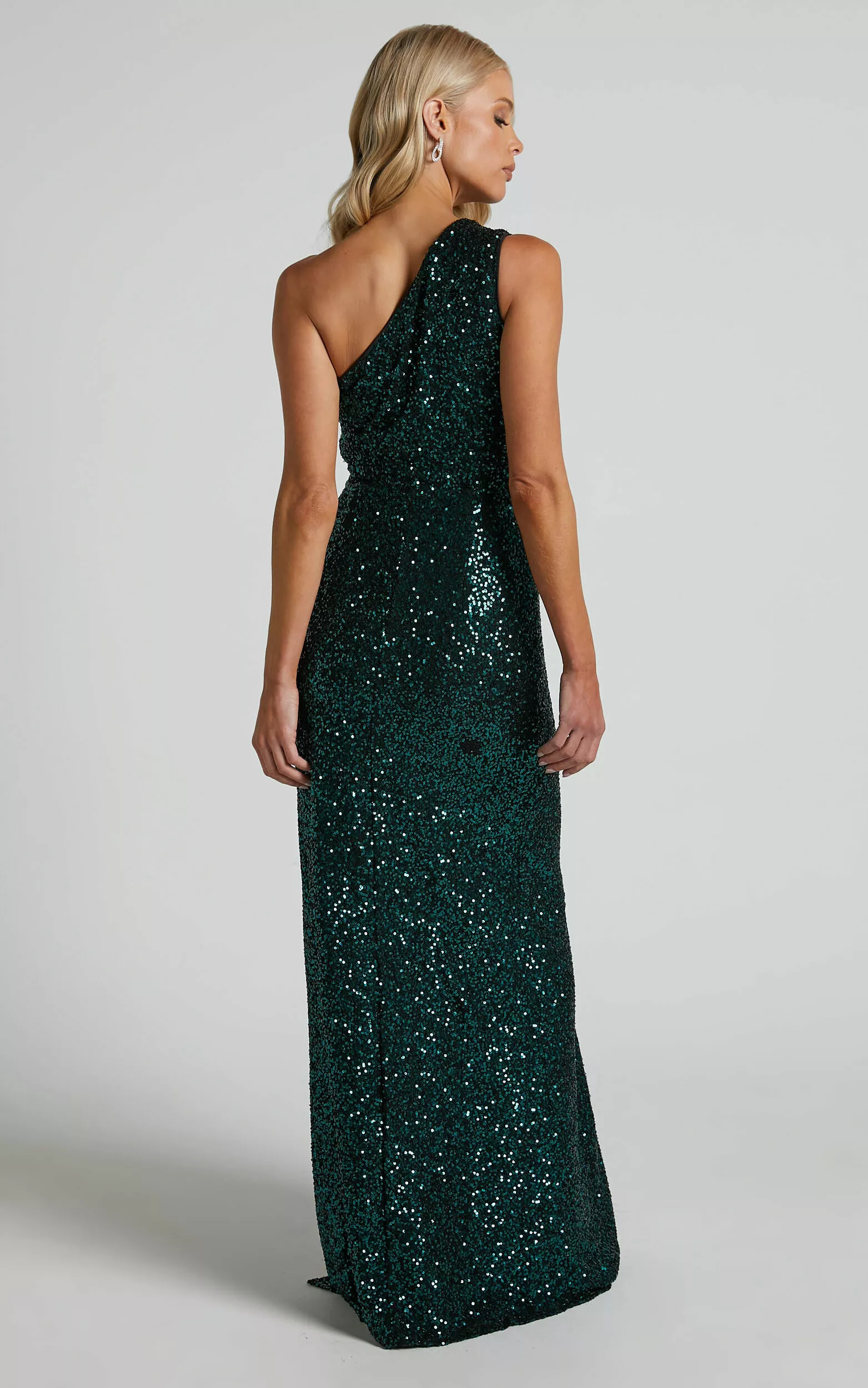 Showpo Jemmah One Shoulder Gathered Maxi Dress With Split In Emerald Sequin - Image 6