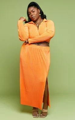 Showpo Amarante Midi Skirt - Side Split Plisse Skirt In Orange -Showpo Shop LOOK 2