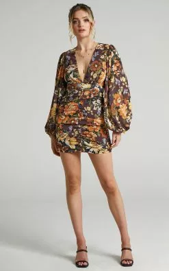 Showpo Latiana Ruched Plunge Neck Mini Dress In Indulgent Bloom -Showpo Shop Latiana Ruched Plunge Neckline dress in Indulgent Bloom 2528SD21070012012529 1