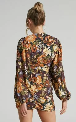 Showpo Latiana Ruched Plunge Neck Mini Dress In Indulgent Bloom -Showpo Shop Latiana Ruched Plunge Neckline dress in Indulgent Bloom 2528SD21070012012529 6