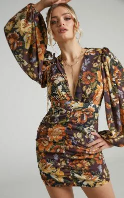 Showpo Latiana Ruched Plunge Neck Mini Dress In Indulgent Bloom -Showpo Shop Latiana Ruched Plunge Neckline dress in Indulgent Bloom 2528SD21070012012529 9 1