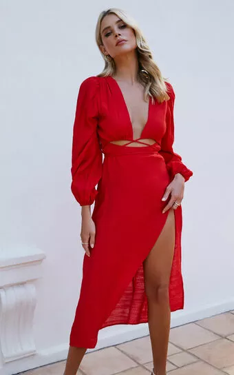 Showpo Demieh Midi Dress - Front Cut Out Long Sleeve Dress In Red 3 Showpo Demieh Midi Dress - Front Cut Out Long Sleeve Dress In Red