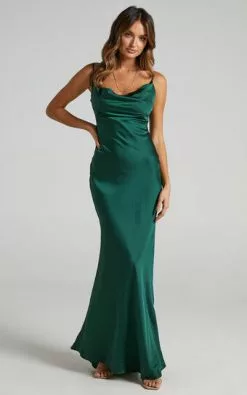 Showpo Lunaria Cowl Mermaid Maxi Slip Dress In Emerald Satin