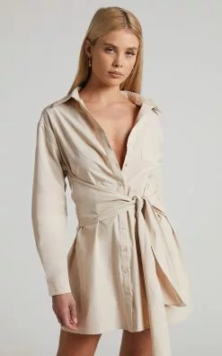 Showpo Macie Mini Dress - Tie Front Shirt Dress In Sand -Showpo Shop Macie Mini Dress Tie Front Shirt Dress in Sand 2528SD21050051032529 4 1