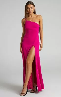 Showpo Magnaye Maxi Dress - One Shoulder Thigh Split Dress In Pink Stretch Crepe -Showpo Shop Magnaye Asym Maxi Dress in stretch crepe in Pink 2528SD22030109012529 1