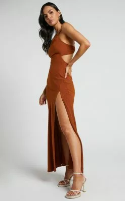 Showpo Medea One Shoulder Cut Out Maxi Dress In Rust -Showpo Shop Medea One Shoulder Cut out Maxi dress in Rust 4