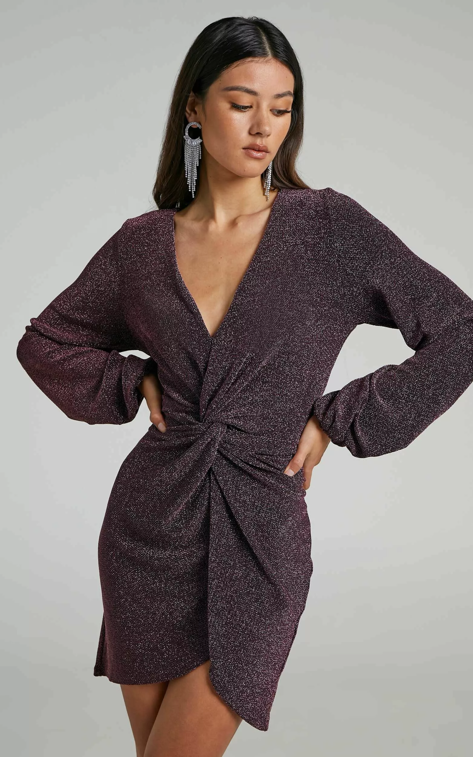 Showpo Mercia Twist Front Long Sleeve Mini Dress In Dark Pink 4 Showpo Mercia Twist Front Long Sleeve Mini Dress In Dark Pink - Image 2