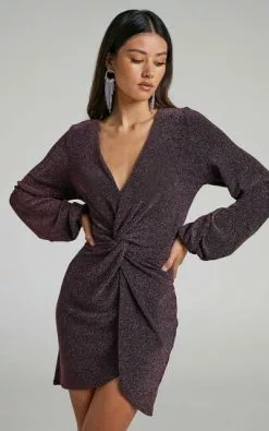 Showpo Mercia Twist Front Long Sleeve Mini Dress In Dark Pink