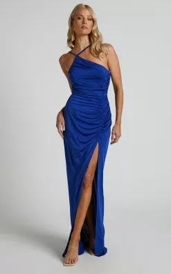 Showpo Mhira One Shoulder Side Split Maxi Dress In Blue -Showpo Shop Mhira One Shoulder Side Split Maxi Dress in Blue 2 1