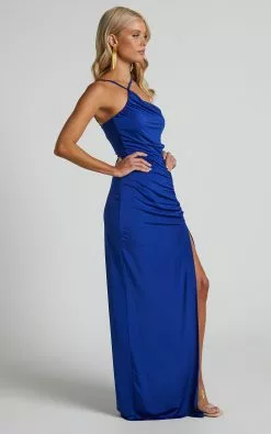 Showpo Mhira One Shoulder Side Split Maxi Dress In Blue -Showpo Shop Mhira One Shoulder Side Split Maxi Dress in Blue 4
