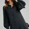 Showpo Mica Mini Dress - Frill Hem Balloon Sleeve Shirt Dress In Black