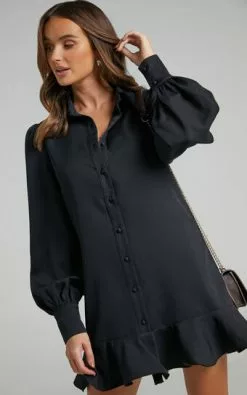 Showpo Mica Mini Dress - Frill Hem Balloon Sleeve Shirt Dress In Black