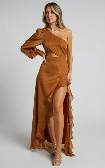Showpo Nicha Maxi Dress - One Shoulder High Low Hem Dress In Rust 3 Showpo Nicha Maxi Dress - One Shoulder High Low Hem Dress In Rust