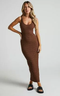 Showpo Novida Midi Dress - Textured Bodycon Dress In Chocolate -Showpo Shop Novida Midi Dress Textured Bodycon Dress in Chocolate 1