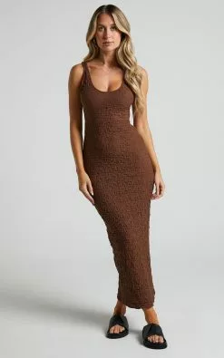 Showpo Novida Midi Dress - Textured Bodycon Dress In Chocolate -Showpo Shop Novida Midi Dress Textured Bodycon Dress in Chocolate 3 1