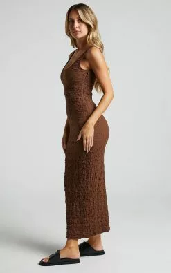 Showpo Novida Midi Dress - Textured Bodycon Dress In Chocolate -Showpo Shop Novida Midi Dress Textured Bodycon Dress in Chocolate 4