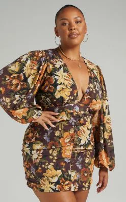 Showpo Latiana Ruched Plunge Neck Mini Dress In Indulgent Bloom -Showpo Shop PARIS X LUCY X ANTHONY 1.12.2156363